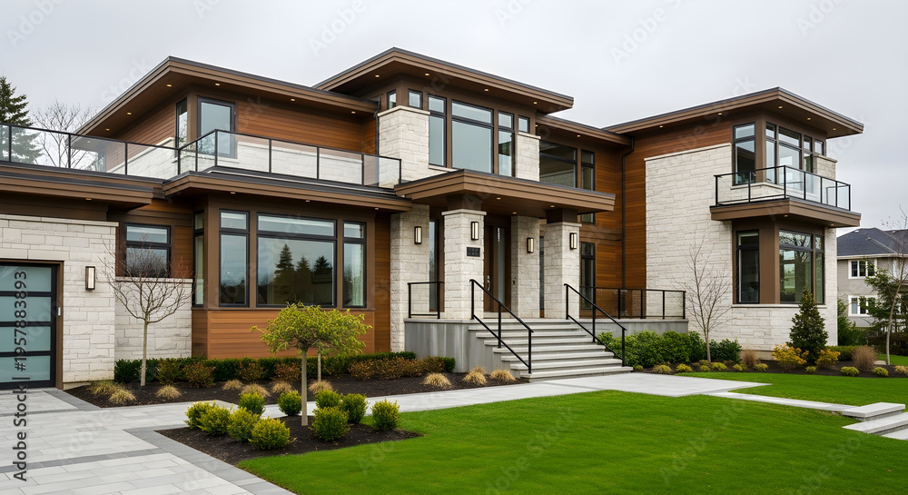 Fototapeta premium A modern house with a well-manicured lawn and driveway, featuring large windows and balconies on a cloudy day, showcasing architecture and landscape.