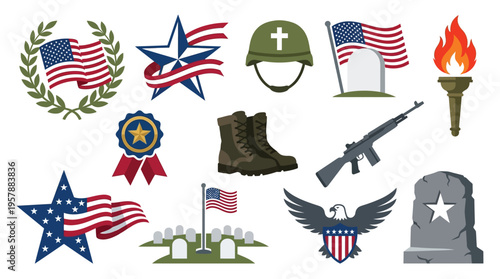 Collection of American patriotic symbols and military imagery, including flags, stars, a helmet, boots, a rifle, a torch, a tombstone, and an eagle.
