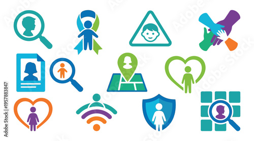 Collection of diverse icons representing child welfare, safety, community support, and advocacy efforts.