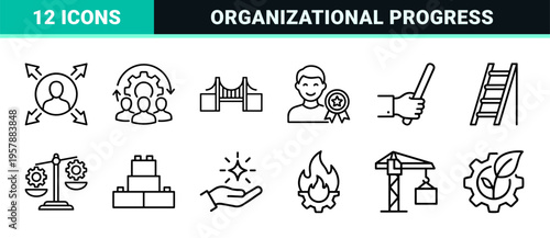 Corporate Change Management and Organizational Strategy Outline Icons, Minimalist Monoline Geometric Line Art for Business Transformation