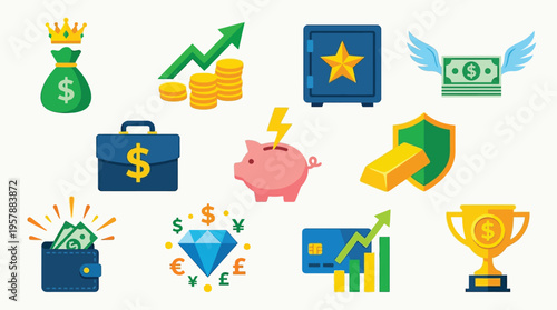 A collection of colorful flat design icons representing various financial concepts and symbols, including money bags, coins, safes, and credit cards.