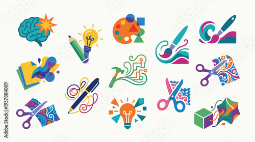 A vibrant collection of colorful icons representing creativity, art, and innovation, including a brain, lightbulb, paint palette, scissors, and brushes.