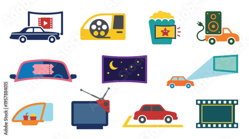 Collection of flat design icons representing drive-in movie theaters and related elements.