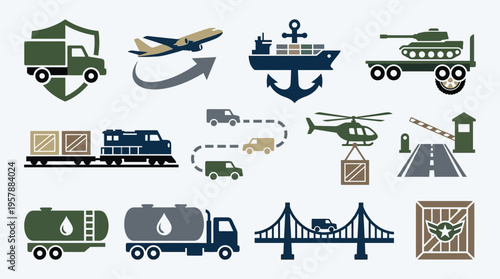 Collection of military and civilian transportation icons including trucks, trains, ships, planes, helicopters, and tanks.