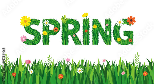 Spring Season Grass Text Typography with Colorful Flowers over a Green Meadow Border on White Background