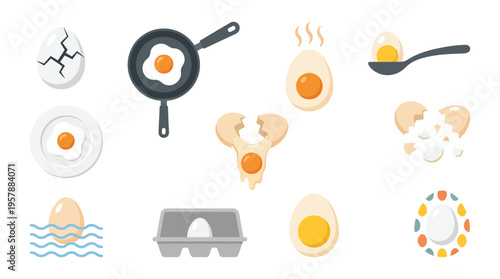 Collection of various egg preparations and states, including fried, boiled, cracked, and raw eggs.