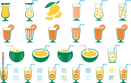 A collection of colorful tropical juice cocktails and fresh fruit illustrations for summer drinks Vector