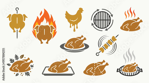Collection of stylized icons representing various methods of preparing and serving roasted chicken, including grilling, spit-roasting, and oven-baking.