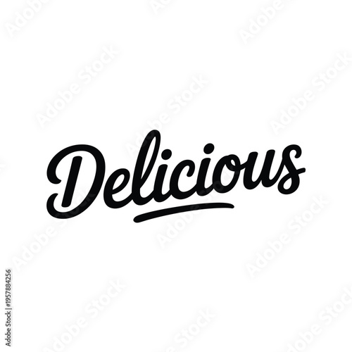 The word delicious is displayed in elegant black cursive handwriting