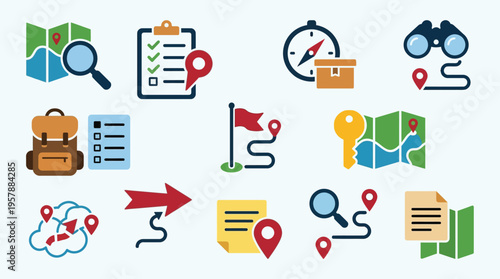 Collection of travel and navigation icons, including maps, compasses, backpacks, and route planning elements.