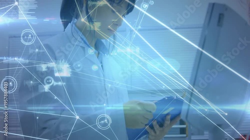 Female lab technician tapping blue tablet, animating HUD overlays and verifying experiment data