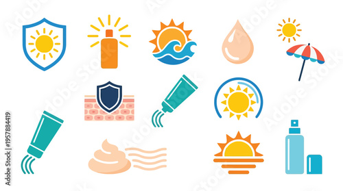 Collection of icons representing sun protection, sunscreen, and skin care, including shields, suns, waves, and tubes of cream.
