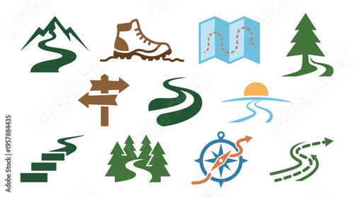 Collection of graphic icons representing hiking, navigation, and outdoor adventure themes, including paths, mountains, trees, a compass, and a boot.
