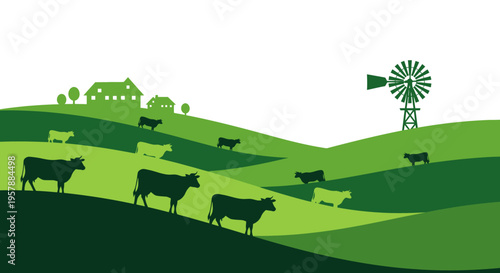 Eco-friendly Green Farming Landscape Illustration with Grazing Cows, Farmhouse, and Windmill on Rolling Hills. Sustainable Agriculture and Rural Countryside Concept Vector Art.