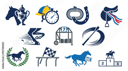 Collection of horse racing icons depicting horses, jockeys, trophies, saddles, starting gates, and checkered flags.