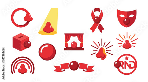 Collection of Red Nose Day icons and symbols, including noses, ribbons, masks, and donation boxes, representing charity and fundraising.