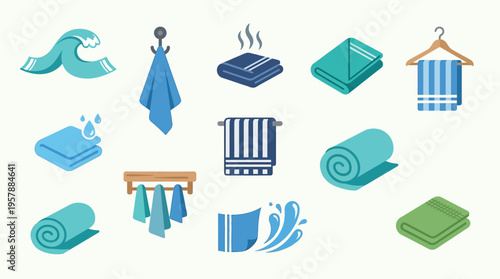 Collection of various types of towels and related accessories, including rolled, folded, and hanging towels, with water splashes and a wave motif.