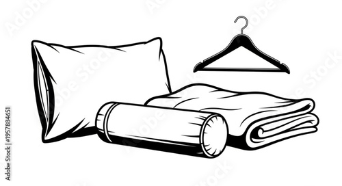 Arrangement of Bedding, Bolster, Blanket, and Hanger in Black and White.