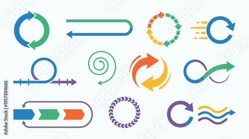 Collection of diverse arrow and circular motion graphics representing cycles, processes, and directionality in a clean, modern style.