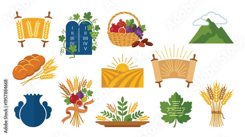 Collection of religious and agricultural symbols representing harvest, faith, and abundance.