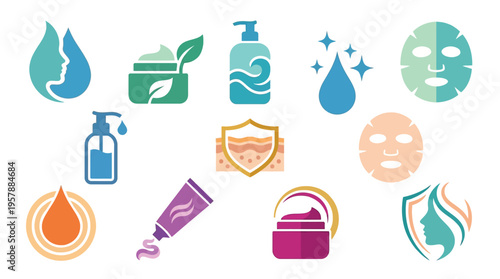 Collection of skincare and beauty product icons, including creams, serums, masks, and protective shields.