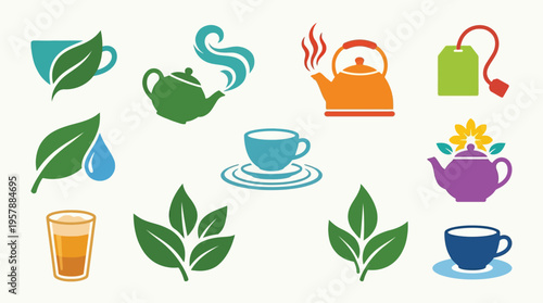 A collection of colorful, stylized icons representing various aspects of tea, including teacups, teapots, tea leaves, and tea bags.
