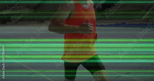 Runner running on sports track camera panning while glitch lines obscuring prosthetic blade testing