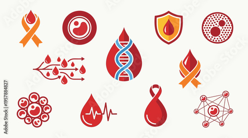 Collection of medical icons representing blood, DNA, and health awareness, including ribbons and scientific symbols.