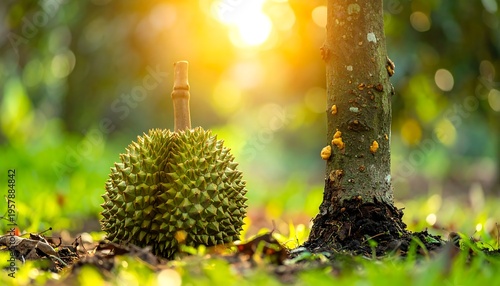 Wallpaper Mural Durian Fruit Growing on Tree in Tropical Orchard Sunlight. Torontodigital.ca