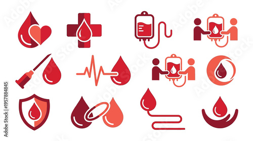 Collection of red icons representing blood donation, medical symbols, and healthcare concepts.