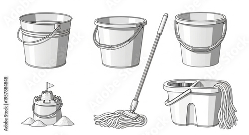 Cleaning Supplies - Buckets, Mop, and Soap for Home Maintenance.