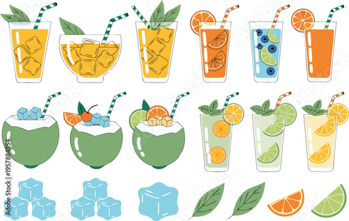 Collection of colorful tropical cocktails and refreshing summer drinks with fruit and ice cubes Vector