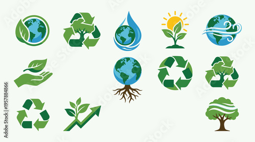 Collection of environmental icons representing sustainability, recycling, nature, and global conservation efforts.