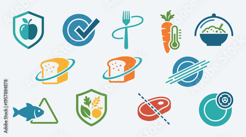A collection of food safety and quality icons, including symbols for fresh produce, baked goods, seafood, and dietary restrictions.