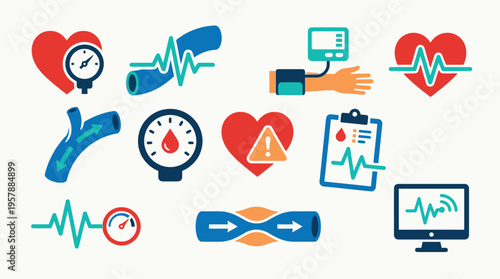 Collection of medical icons representing cardiovascular health, blood pressure monitoring, and heart rate analysis.