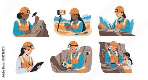 A collection of six vibrant illustrations depicting diverse female geologists engaged in various field activities like rock sampling, GPS mapping, note-taking, and mentoring.