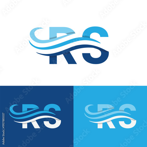 this logo design is a monogram design  of initials RS with three waves crossing the letters that looks clean in blue color combination on a white background
