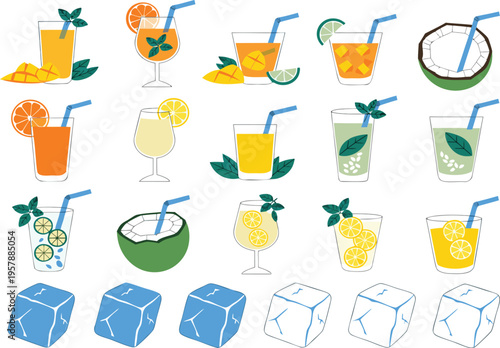 A collection of colorful tropical fruit juice drinks and cocktails with fresh citrus and ice cubes Vector