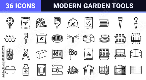 Botanical Greenhouse Cultivation and Organic Gardening Linear Art: Minimalist Monoline Geometric Outlines for Professional Horticulture Design