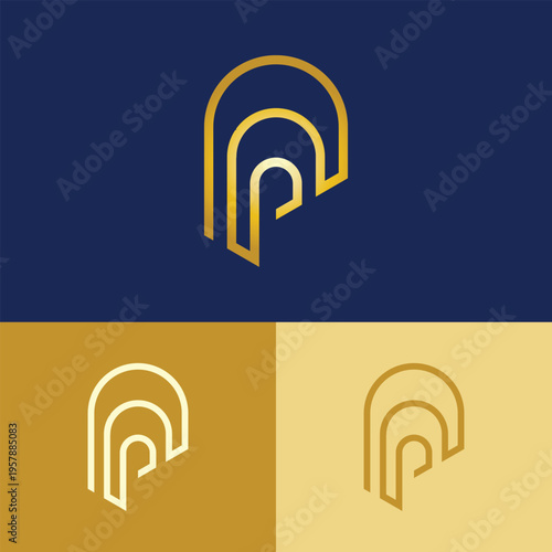this logo design depicts a monogram of initial P in abstract outline style in golden color that looks stylish on a blue background