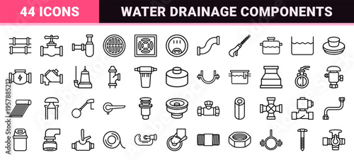Minimalist Monoline Plumbing and Drainage System Geometric Line Art Outlines for Professional Sanitary Engineering and Water Management