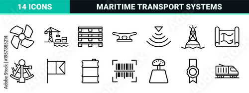 Maritime Logistics and Global Shipping Supply Chain Minimalist Monoline Outline Icons for Commercial Transport and Port Management Systems