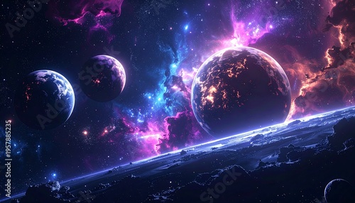 Vibrant Nebula and Planets in Deep Space.