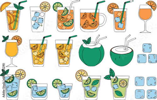 A collection of colorful hand drawn summer cocktails and refreshing drinks with fruit garnishes Vector