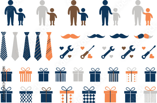 Collection of fathers day themed design elements featuring parent child icons ties and gift boxes Vector