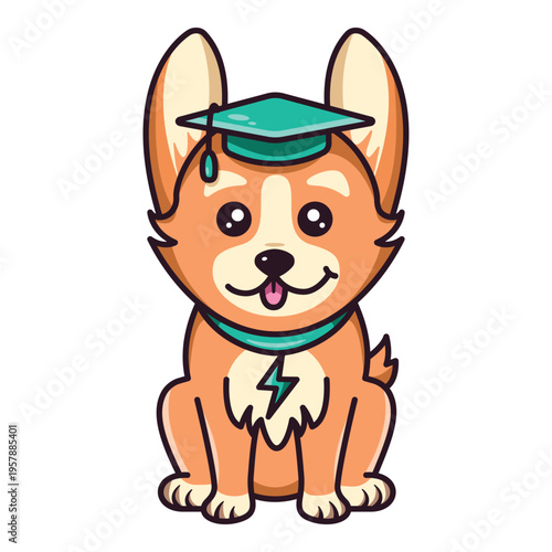 Cute corgi dog character, sitting, wearing a student graduate cap, mortarboard, smart student mascot, colourful vector isolated