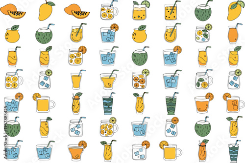 A collection of colorful illustrated tropical drinks and fresh mango fruit icons for summer themes Vector