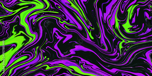 Abstract fluid art with swirling neon green and vibrant purple hues