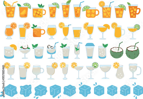 Collection of various refreshing summer cocktails and drinks featuring ice cubes in flat style Vector