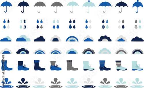 A collection of rainy weather elements including umbrellas clouds raindrops boots and water ripples Vector